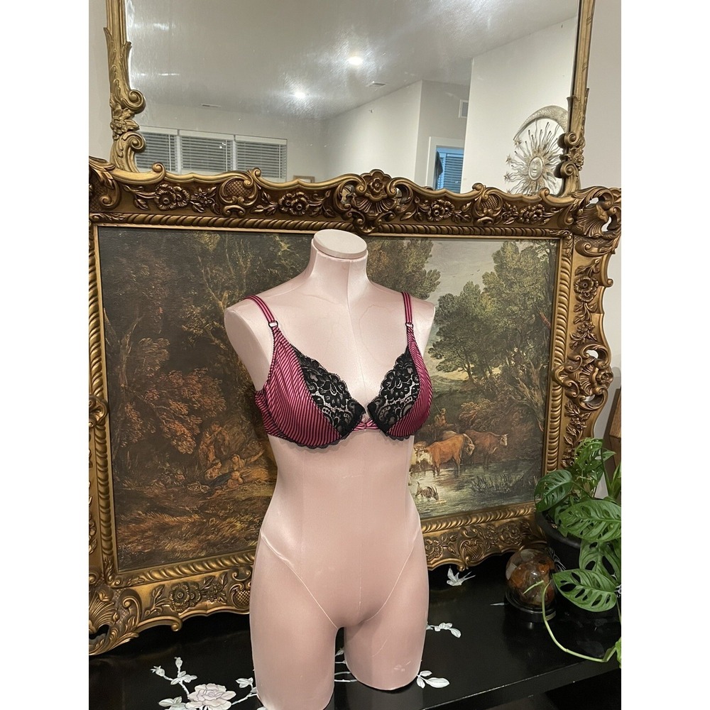 Vintage Valentino Y2k 90s pink stripe lace satinβ bra size 36C